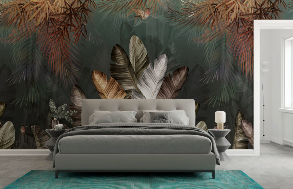 Silver Banana Leaf Wallpaper : Dark Tropical Mural - View 2