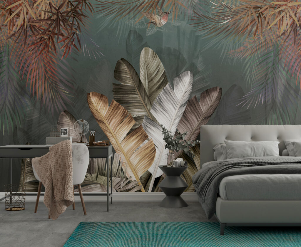 Silver Banana Leaf Wallpaper : Dark Tropical Mural - View 3