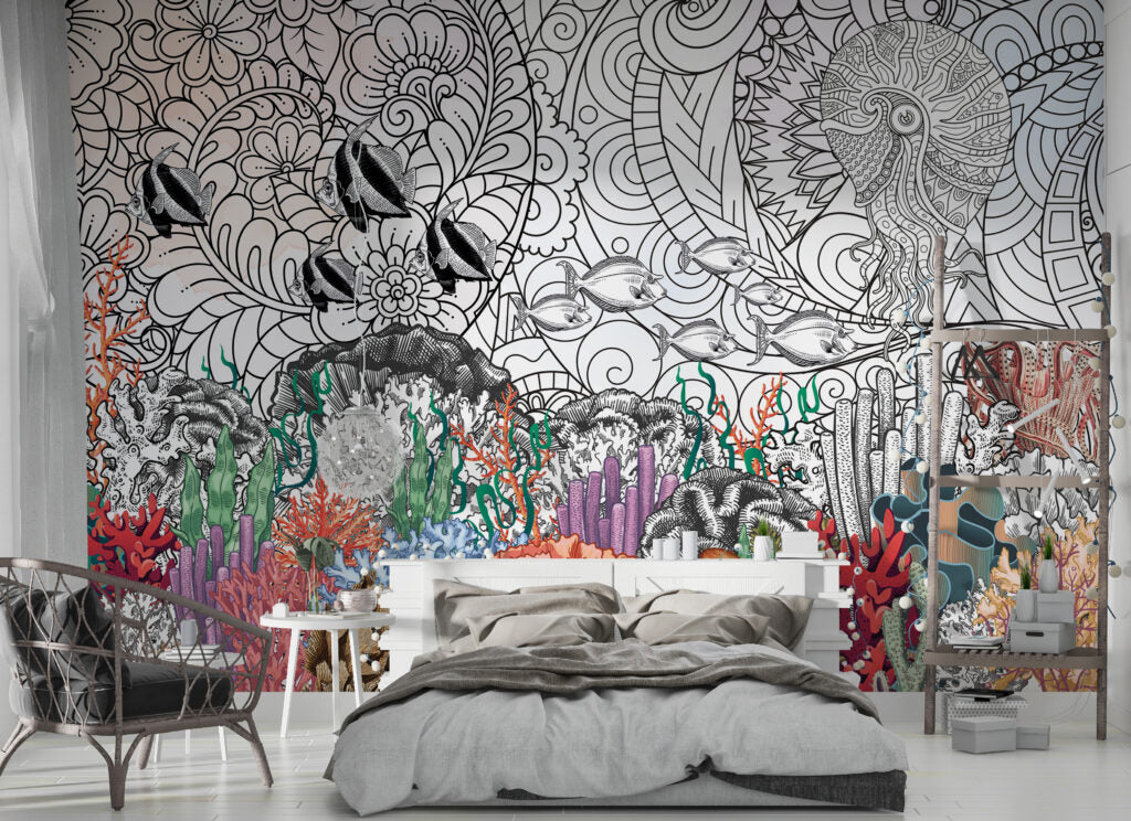 Coral Reef Line Art Wallpaper : Colorful Ocean Mural