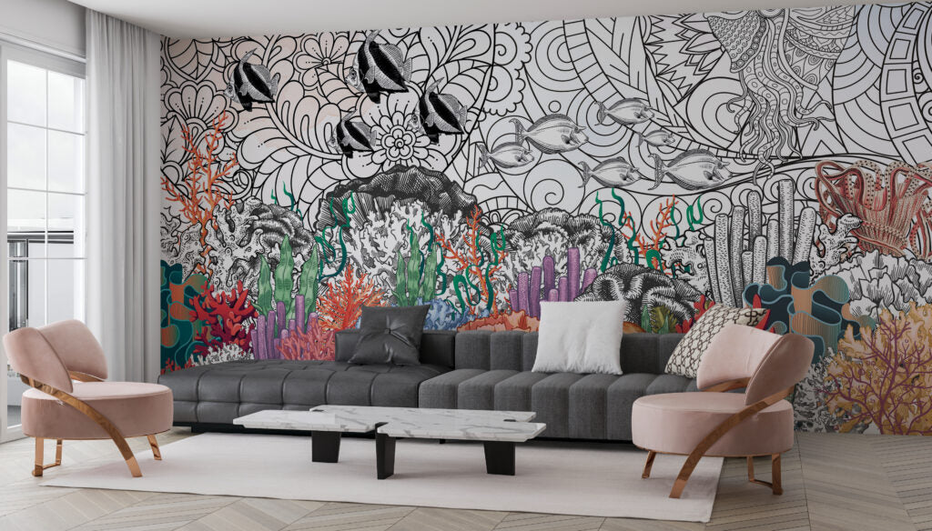 Coral Reef Line Art Wallpaper : Colorful Ocean Mural - View 2