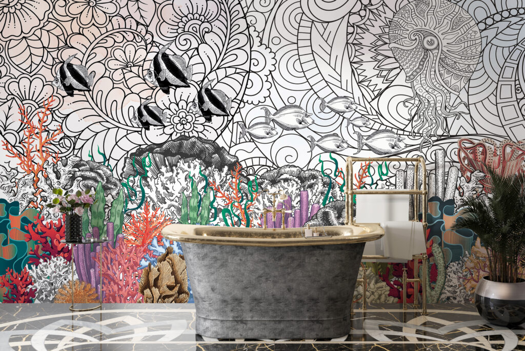 Coral Reef Line Art Wallpaper : Colorful Ocean Mural - View 3