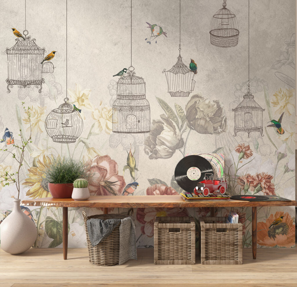 Vintage Birdcage Garden Wallpaper : Hanging Cages and Peony Mural