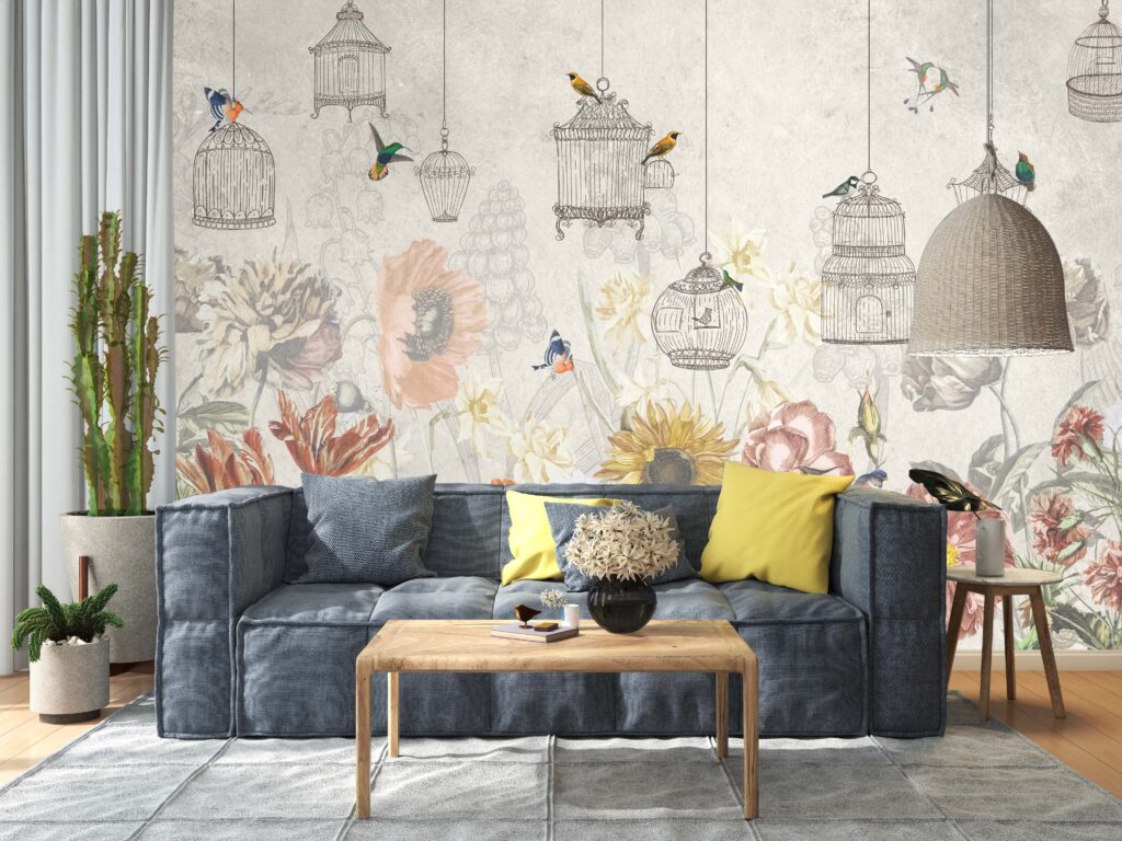 Vintage Birdcage Garden Wallpaper : Hanging Cages and Peony Mural - View 4