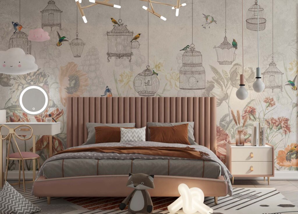 Vintage Birdcage Garden Wallpaper : Hanging Cages and Peony Mural - View 3