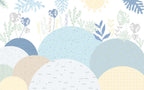 Pastel Hills Wallpaper : Blue Abstract Mountains and Leaves Mural - View 2