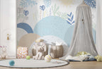 Pastel Hills Wallpaper : Blue Abstract Mountains and Leaves Mural - View 3