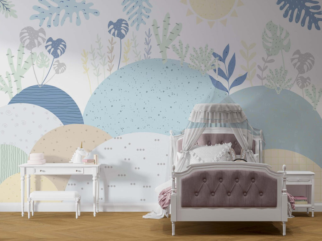 Pastel Hills Wallpaper : Blue Abstract Mountains and Leaves Mural - View 4