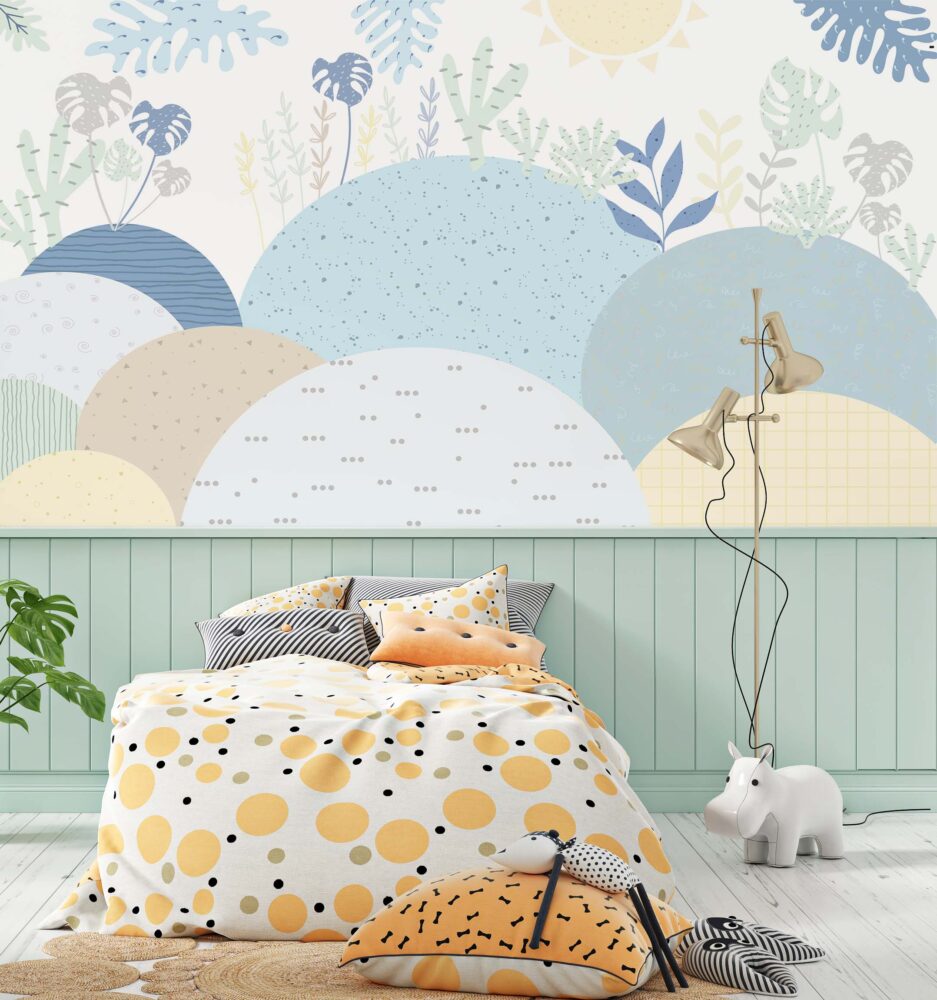 Pastel Hills Wallpaper : Blue Abstract Mountains and Leaves Mural - View 5