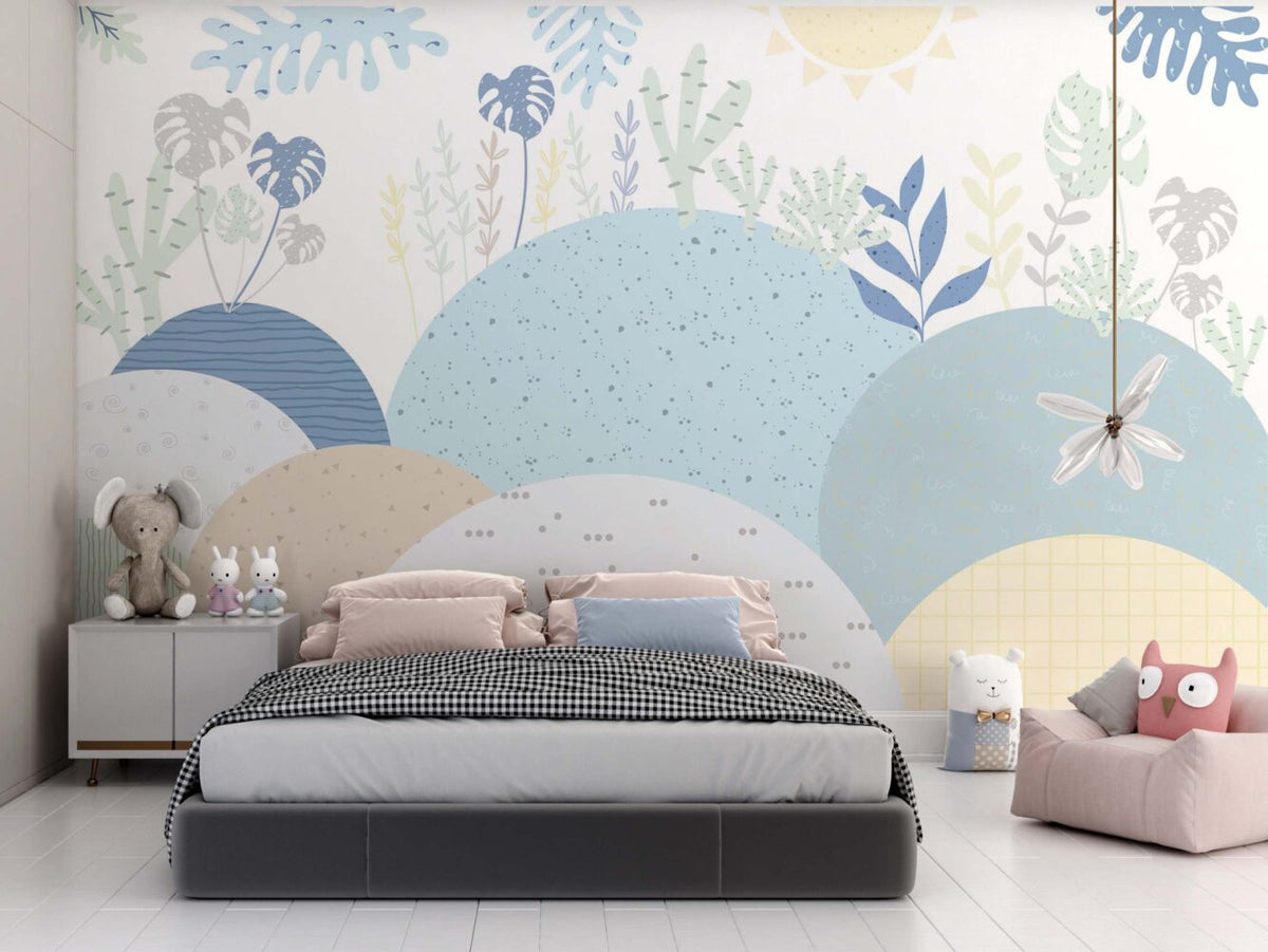 Pastel Hills Wallpaper : Blue Abstract Mountains and Leaves Mural