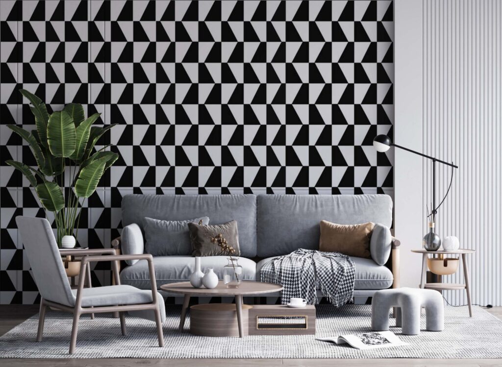 Black and White Triangle Wallpaper : Monochrome Geometric Pattern Mural