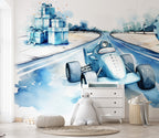Watercolor Race Car Wallpaper : Blue Rally Kids Mural - View 2