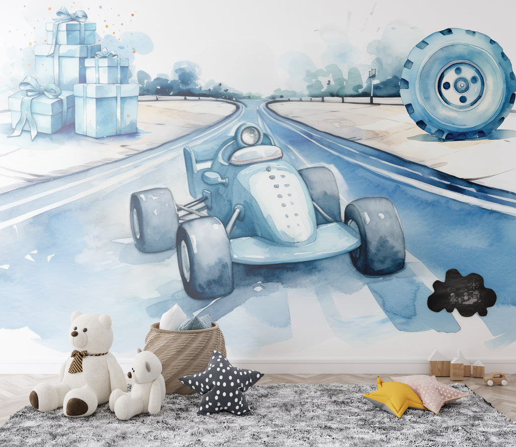 Watercolor Race Car Wallpaper : Blue Rally Kids Mural