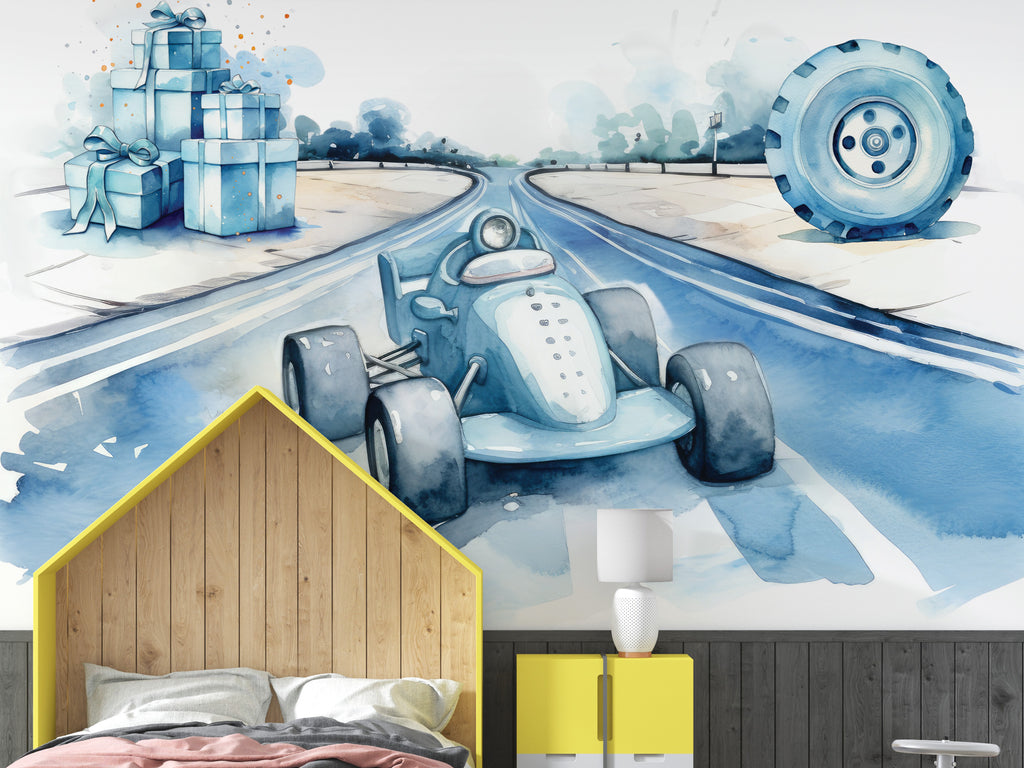Watercolor Race Car Wallpaper : Blue Rally Kids Mural - View 3