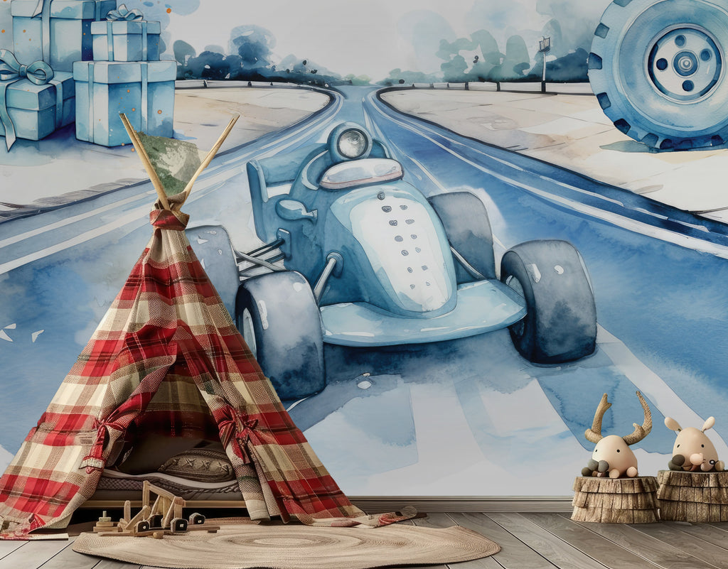 Watercolor Race Car Wallpaper : Blue Rally Kids Mural - View 4