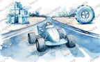 Watercolor Race Car Wallpaper : Blue Rally Kids Mural - flat design