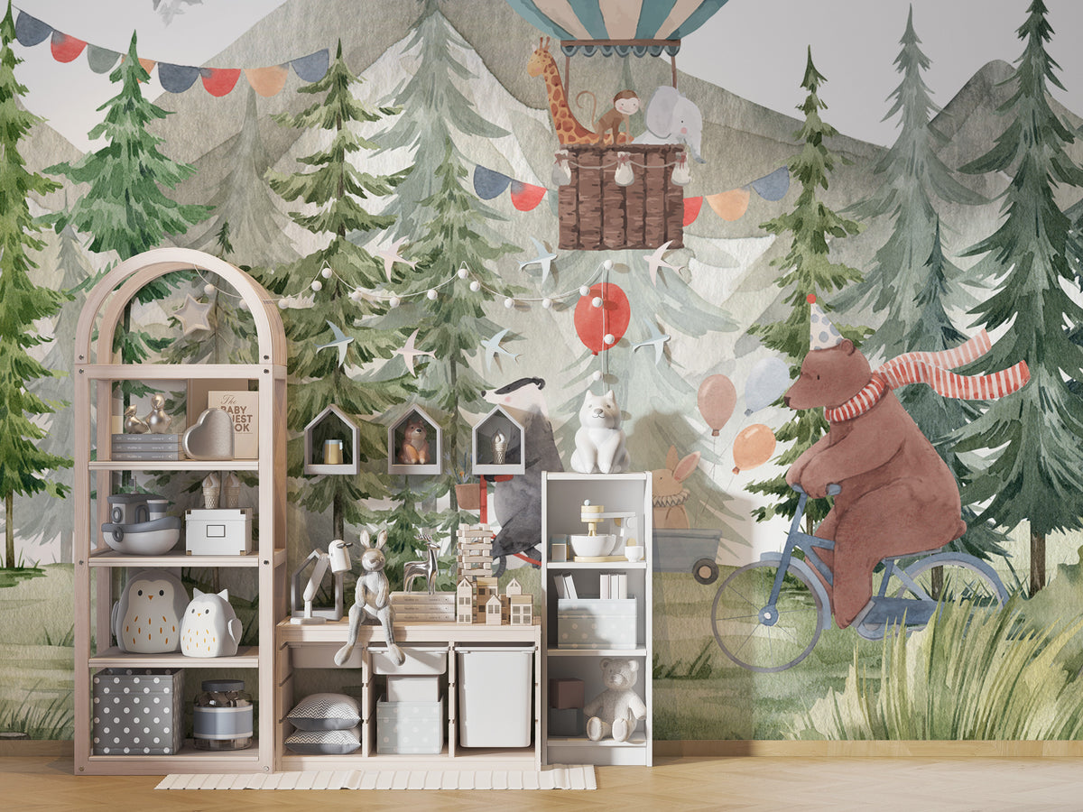 Forest Bike Ride Wallpaper : Hot Air Balloon Woodland Mural - View 2