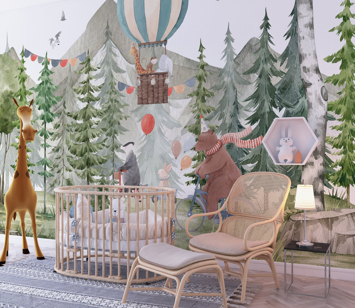 Forest Bike Ride Wallpaper : Hot Air Balloon Woodland Mural - View 3
