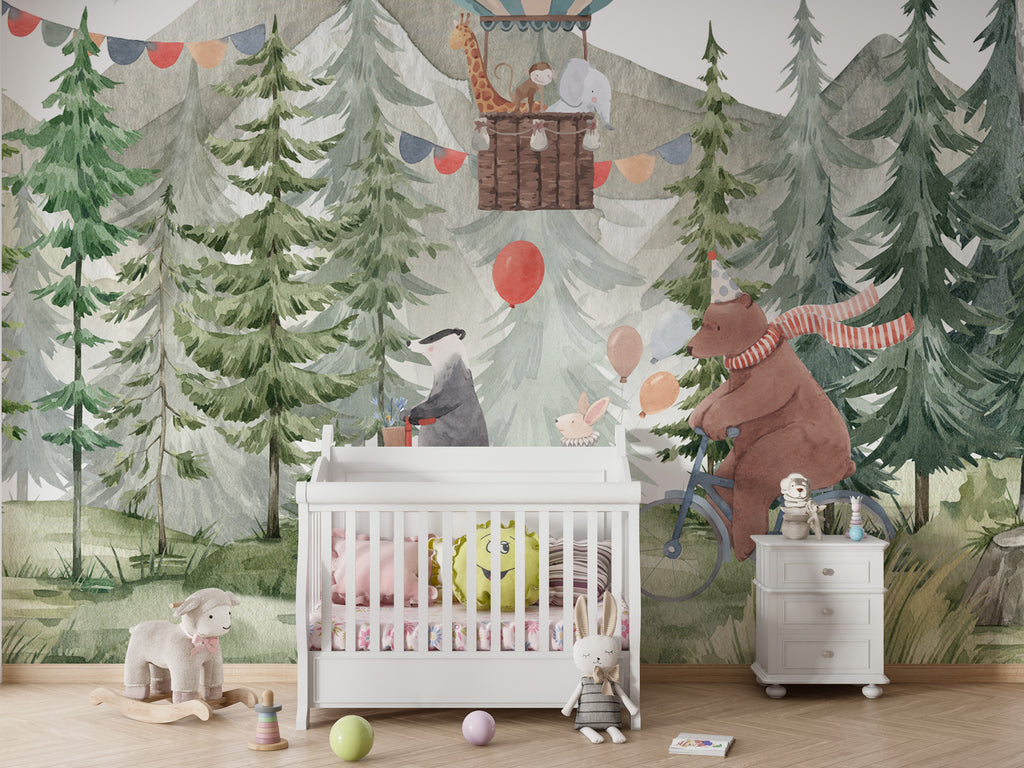 Forest Bike Ride Wallpaper : Hot Air Balloon Woodland Mural - View 4