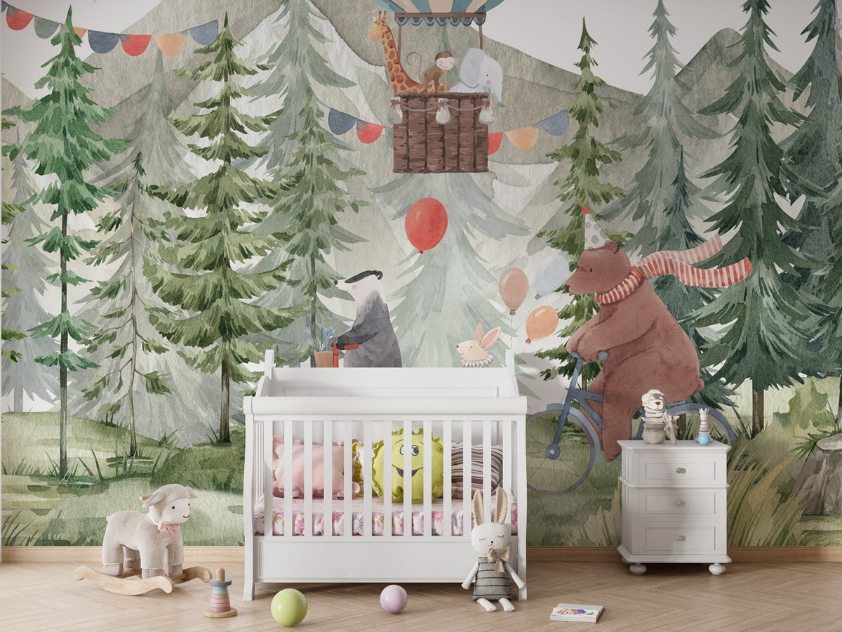 Forest Bike Ride Wallpaper : Hot Air Balloon Woodland Mural - View 4