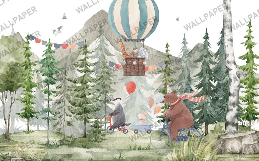 Forest Bike Ride Wallpaper : Hot Air Balloon Woodland Mural - flat design