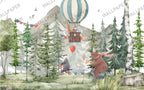 Forest Bike Ride Wallpaper : Hot Air Balloon Woodland Mural - flat design