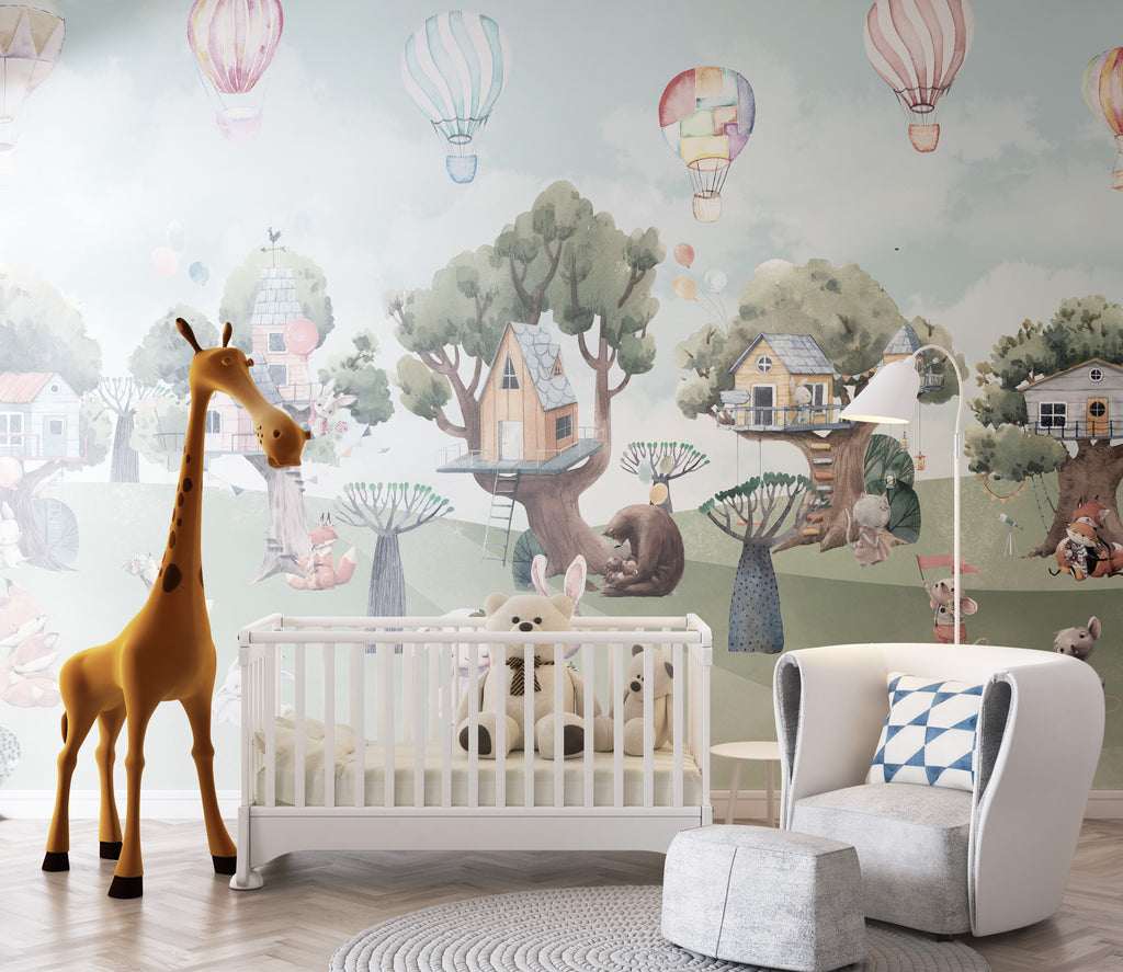 Woodland Tree House Wallpaper : Cute Animal Forest Homes Mural - View 3