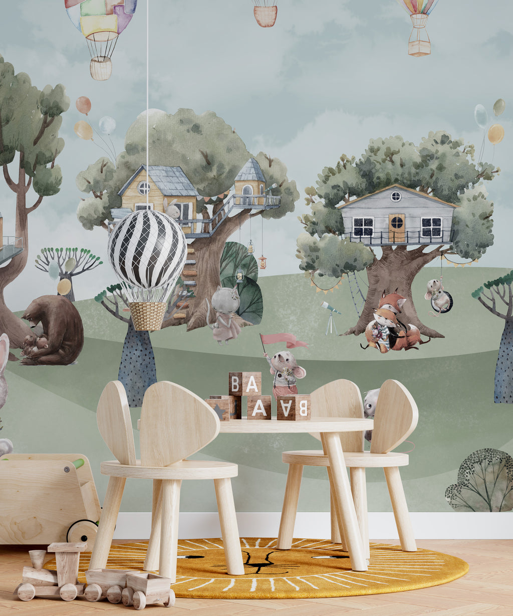 Woodland Tree House Wallpaper : Cute Animal Forest Homes Mural - View 4