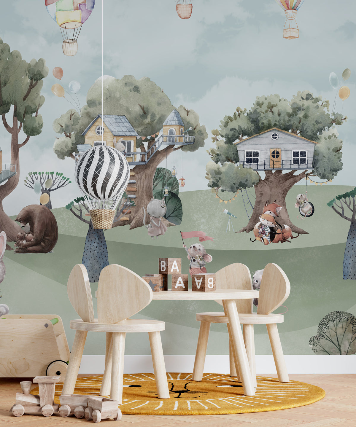 Woodland Tree House Wallpaper : Cute Animal Forest Homes Mural - View 4