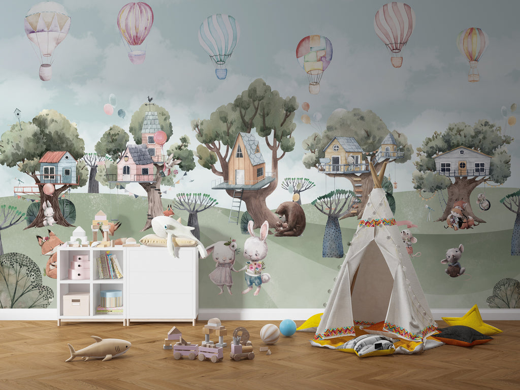 Woodland Tree House Wallpaper : Cute Animal Forest Homes Mural