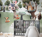 Woodland Tree House Wallpaper : Cute Animal Forest Homes Mural - View 5