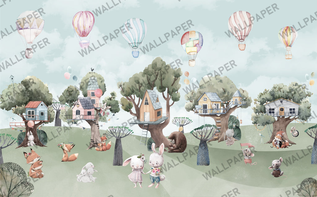 Woodland Tree House Wallpaper : Cute Animal Forest Homes Mural - View 2