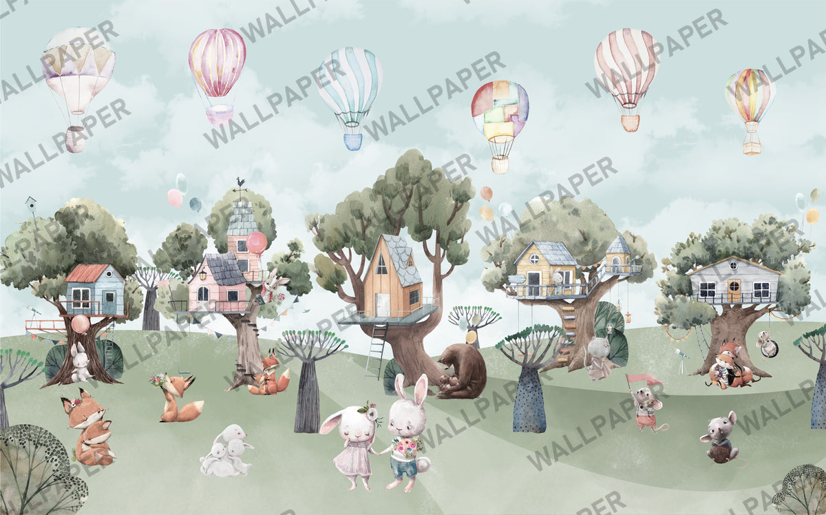 Woodland Tree House Wallpaper : Cute Animal Forest Homes Mural - View 2