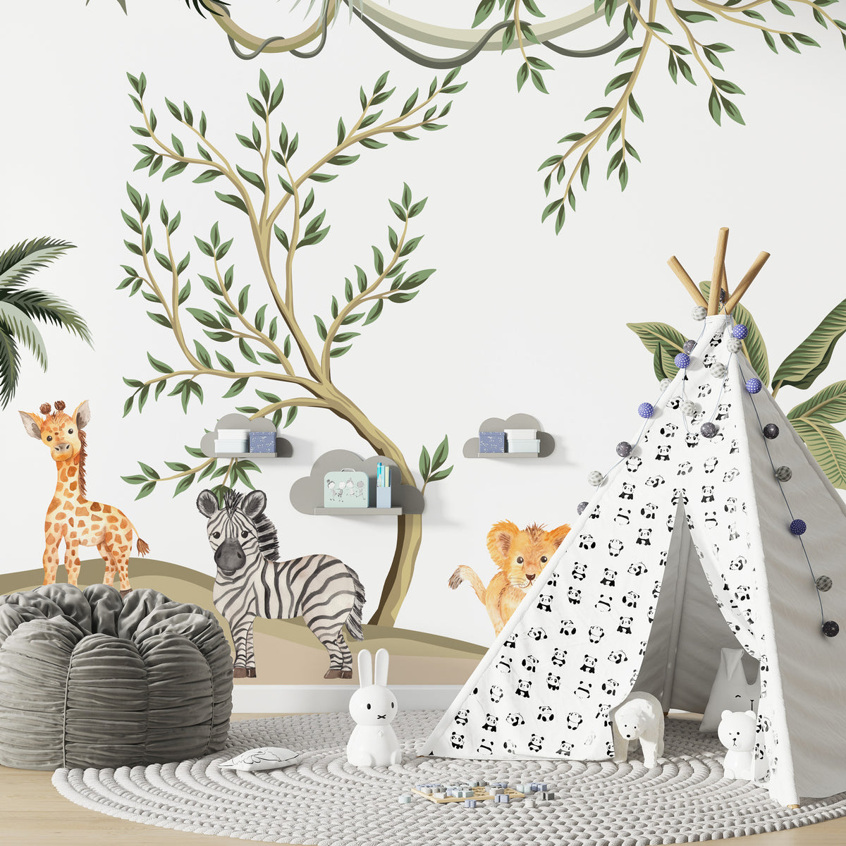 Baby Jungle Animals Wallpaper : Teepee Safari Nursery Mural
