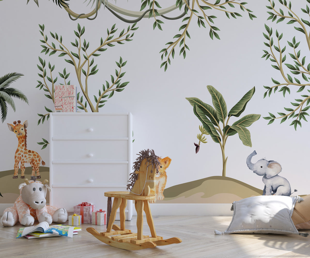 Baby Jungle Animals Wallpaper : Teepee Safari Nursery Mural - View 3