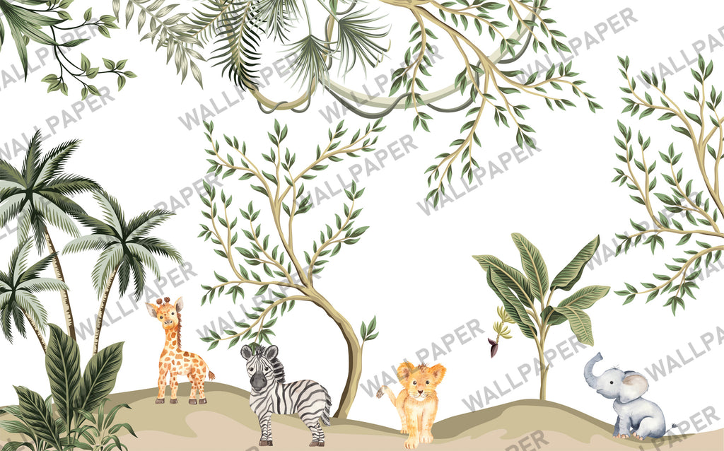 Baby Jungle Animals Wallpaper : Teepee Safari Nursery Mural - View 2