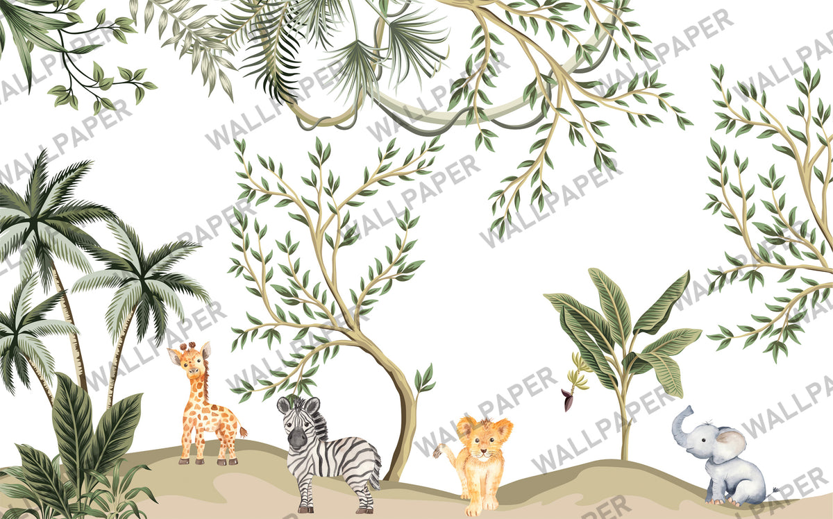 Baby Jungle Animals Wallpaper : Teepee Safari Nursery Mural - View 2