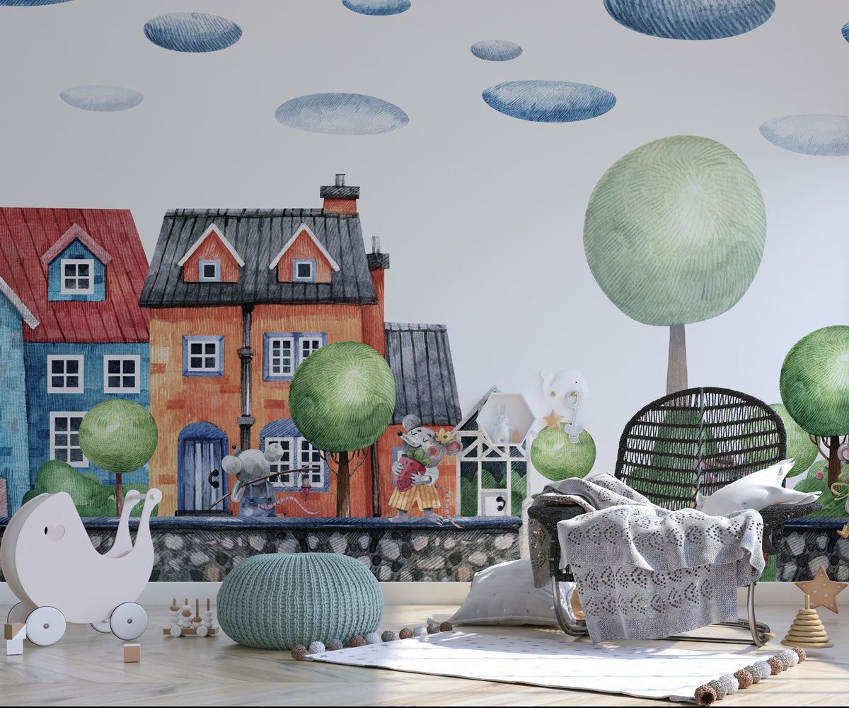 Colorful Dollhouse Wallpaper : Happy Town Kids Mural - View 4