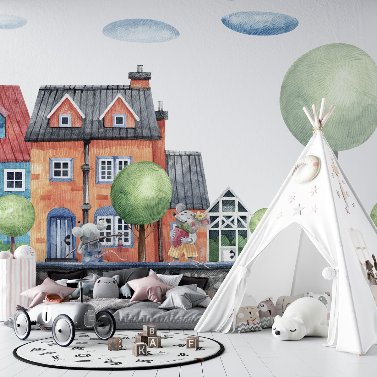 Colorful Dollhouse Wallpaper : Happy Town Kids Mural - View 5
