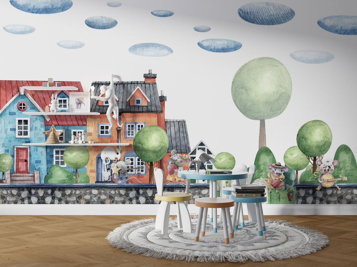 Colorful Dollhouse Wallpaper : Happy Town Kids Mural - View 3