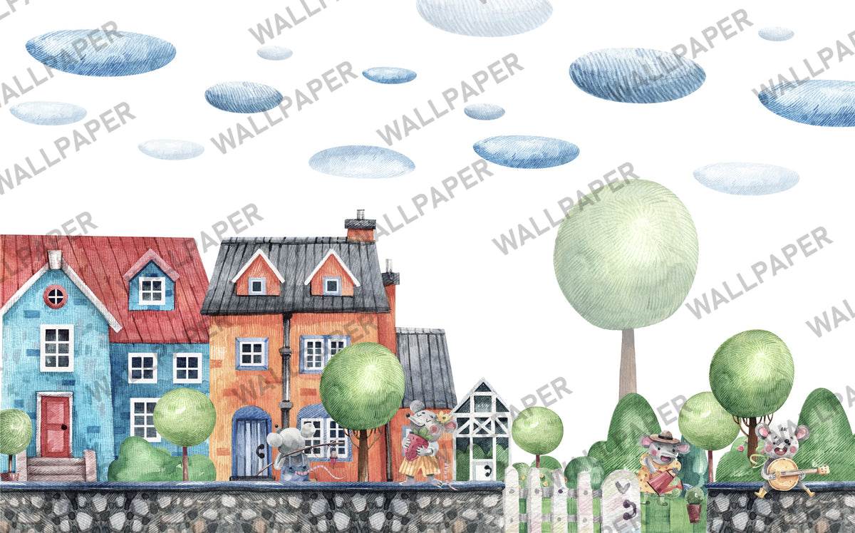 Colorful Dollhouse Wallpaper : Happy Town Kids Mural - View 2