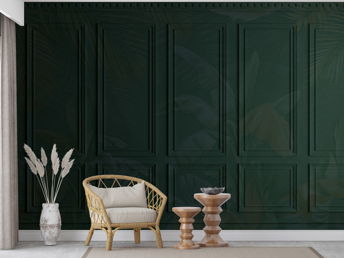 Green Panel Molding Wallpaper : Dark Wainscot Effect Mural