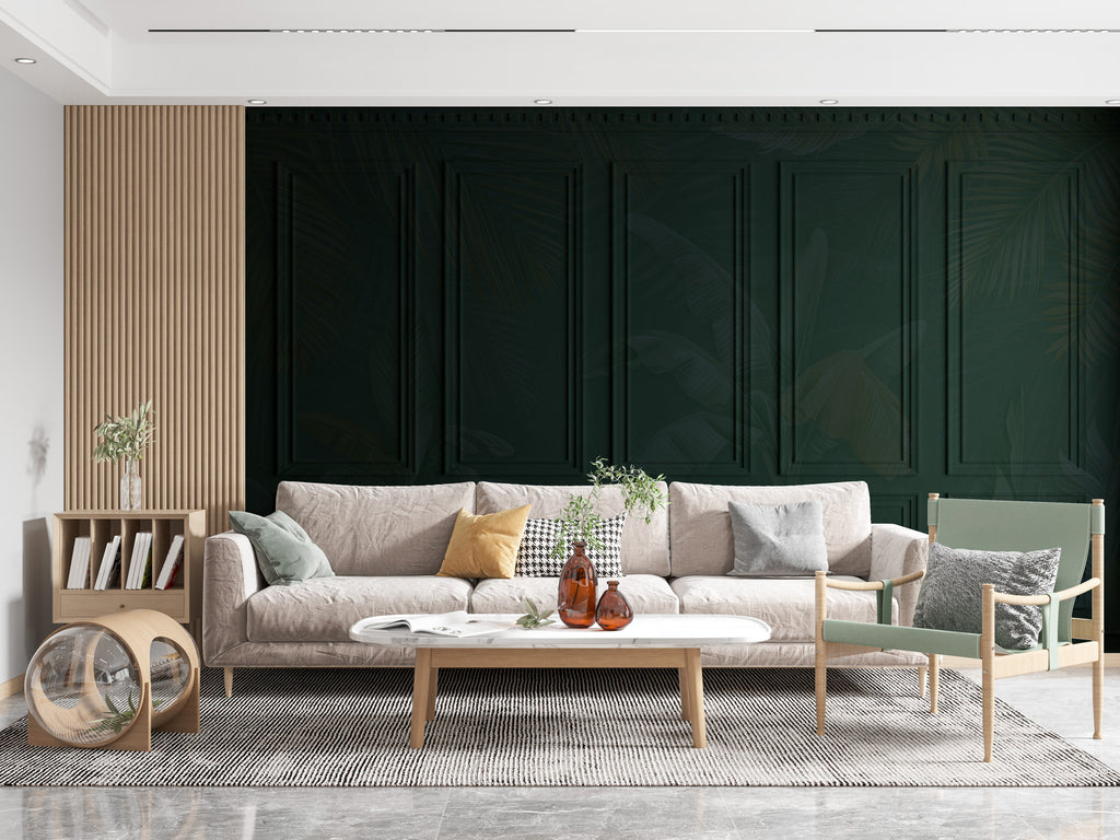Green Panel Molding Wallpaper : Dark Wainscot Effect Mural - View 2