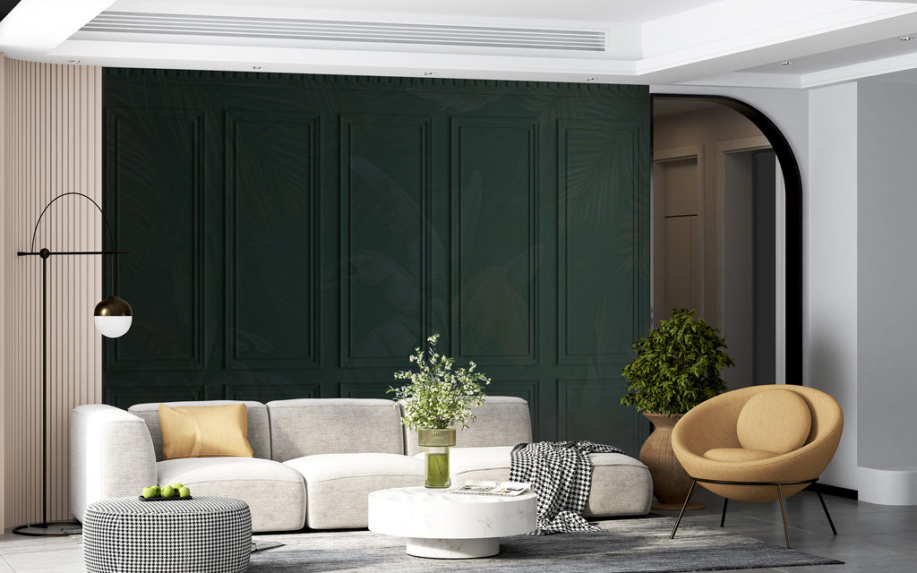 Green Panel Molding Wallpaper : Dark Wainscot Effect Mural - View 4