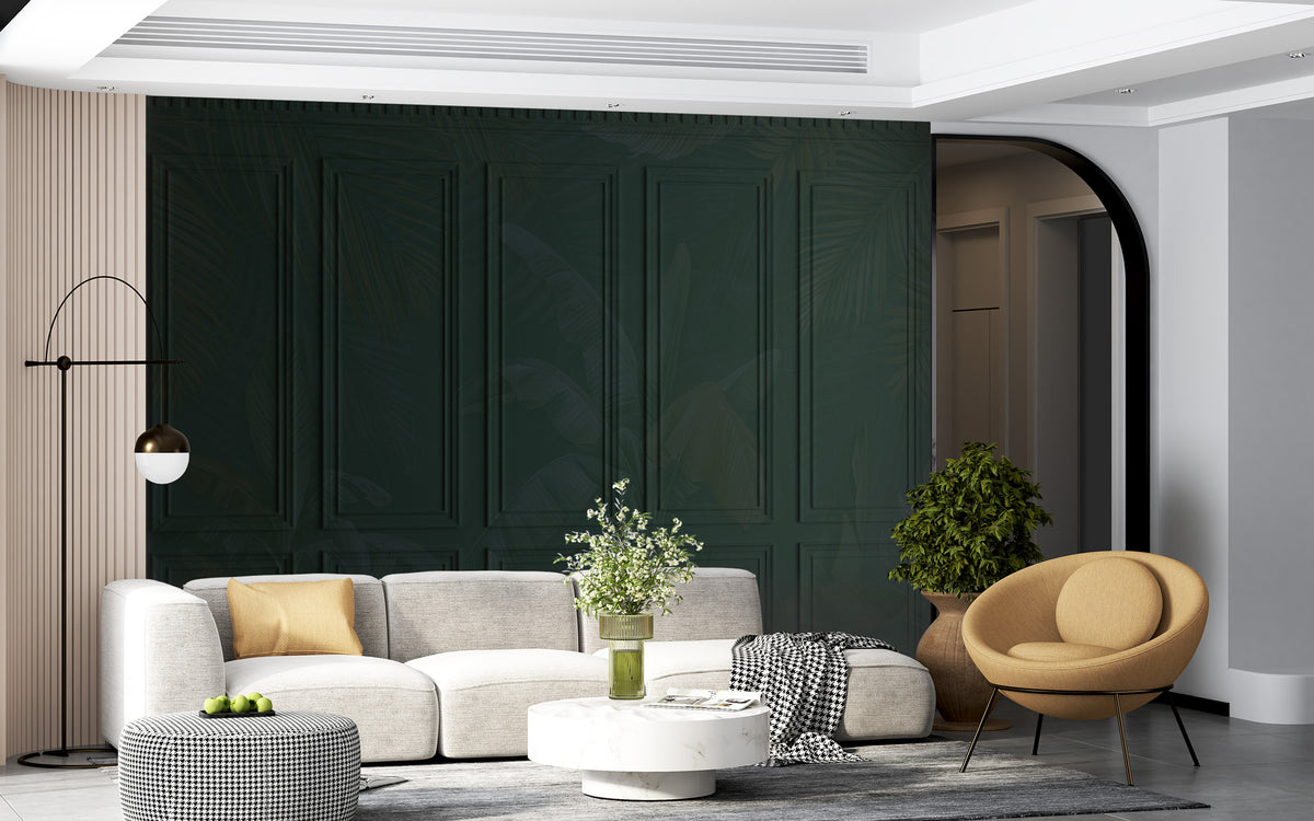 Green Panel Molding Wallpaper : Dark Wainscot Effect Mural - View 4