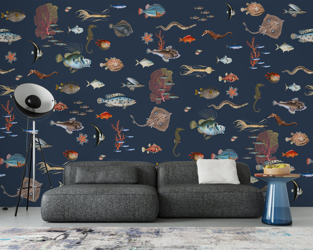 Fish And Coral Wallpaper : Navy Sea Life Mural - View 5