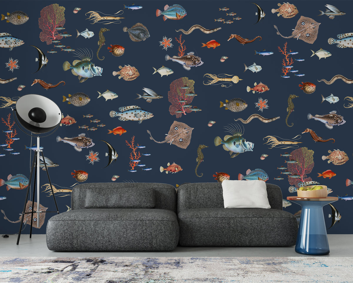 Fish And Coral Wallpaper : Navy Sea Life Mural - View 5
