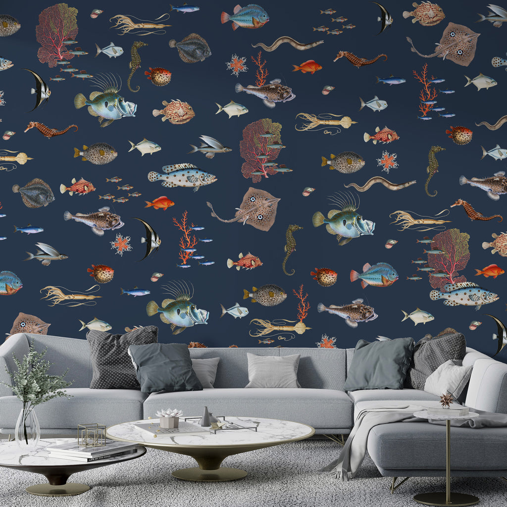 Fish And Coral Wallpaper : Navy Sea Life Mural - View 3