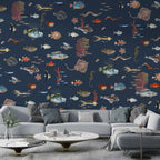 Fish And Coral Wallpaper : Navy Sea Life Mural - View 3