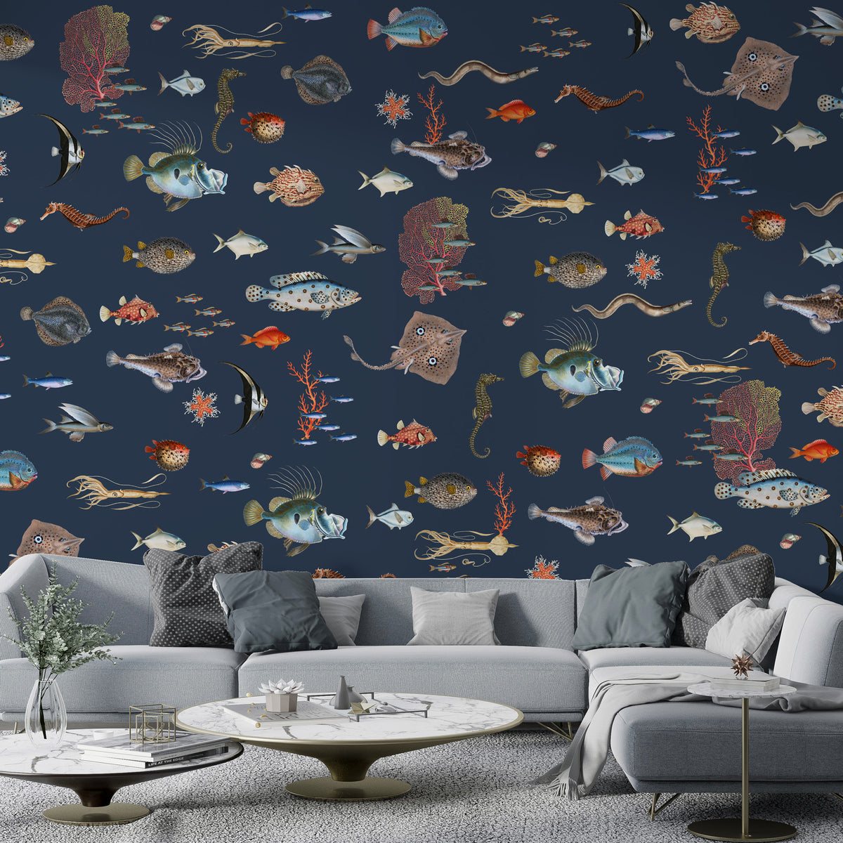 Fish And Coral Wallpaper : Navy Sea Life Mural - View 3