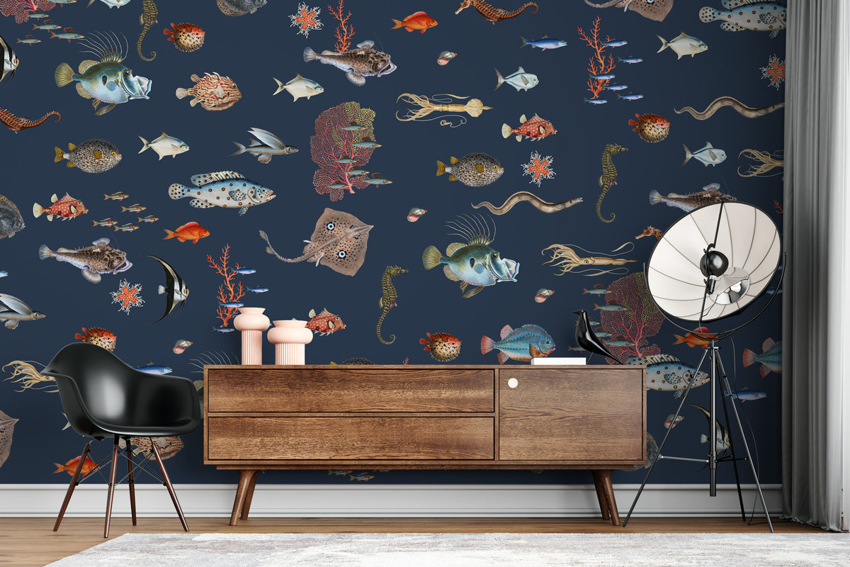 Fish And Coral Wallpaper : Navy Sea Life Mural - View 4